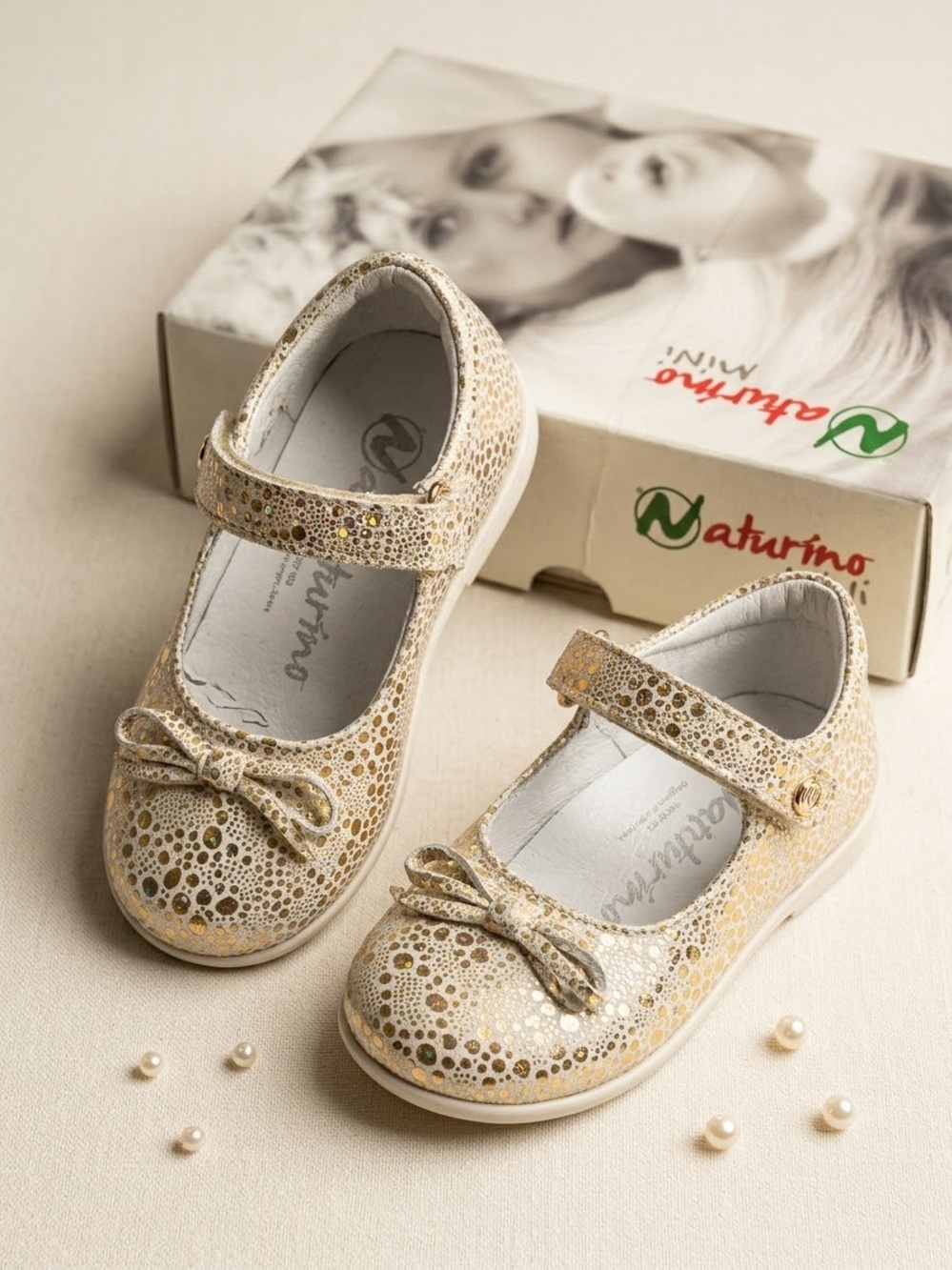 Baby Shoes Leather  Naturino White and Gold Sparkle Mary Jane with Bow